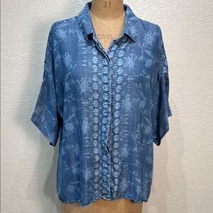 Liverpool Women Blue Floral Chambray Button Down‎ Short Sleeve Shirt Size Medium